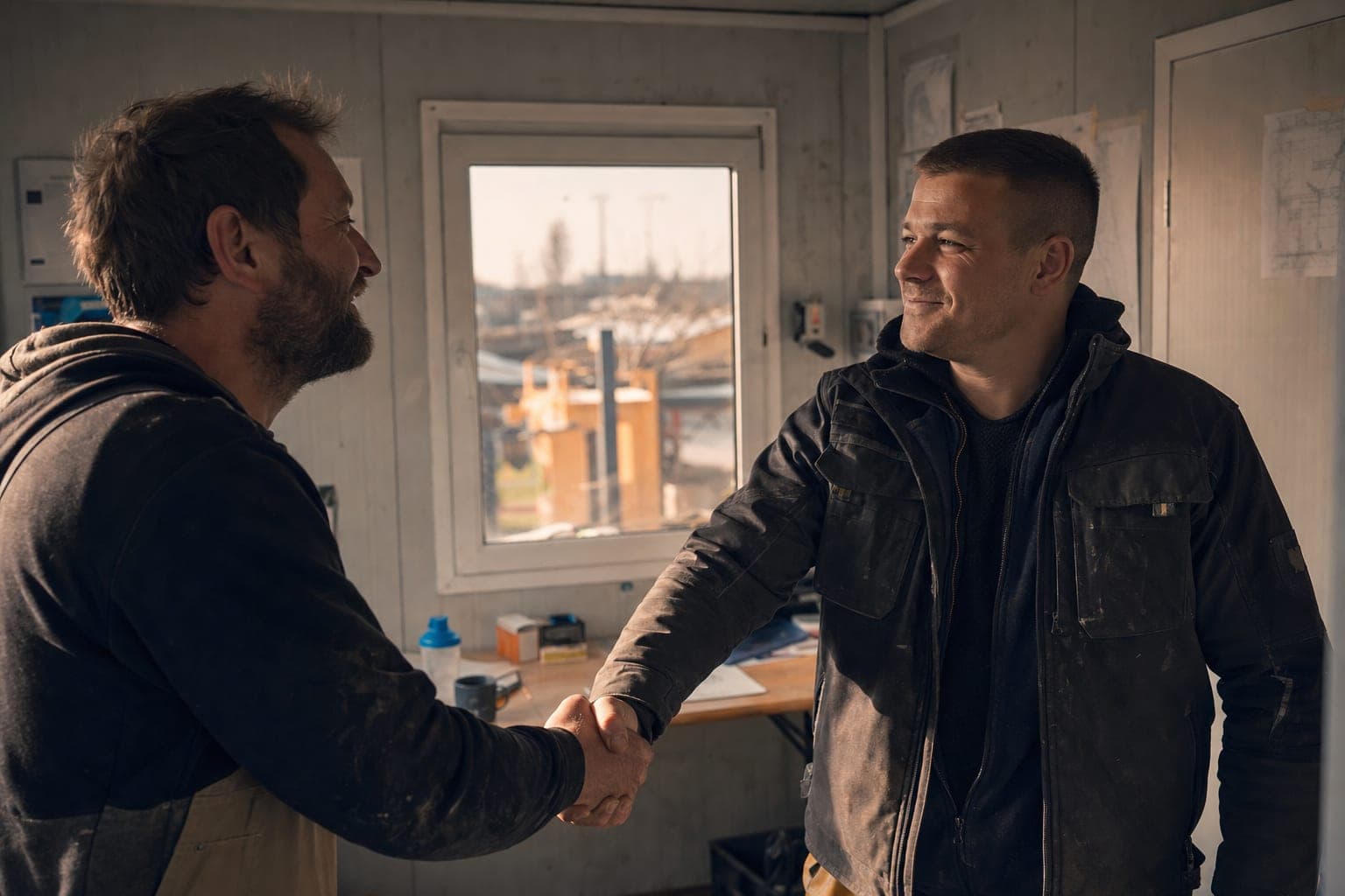 Handschlag zwischen zwei Handwerkern in der Werkstatt